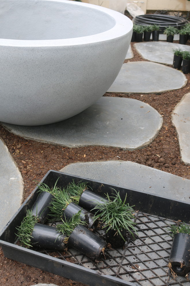 Immagine di un giardino xeriscape design esposto a mezz'ombra di medie dimensioni e davanti casa in primavera con un giardino in vaso e pavimentazioni in pietra naturale