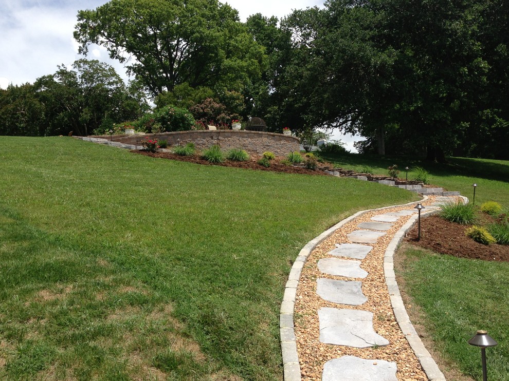 Design ideas for a mid-sized traditional full sun hillside concrete paver retaining wall landscape in Cincinnati for summer.