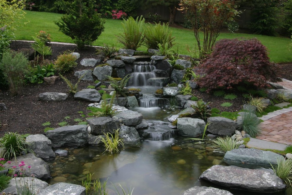 Immagine di un giardino design con una cascata