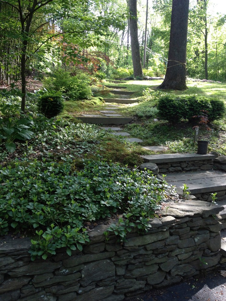 Cette photo montre un aménagement d'entrée ou allée de jardin avant moderne de taille moyenne et au printemps avec une exposition ombragée et des pavés en pierre naturelle.