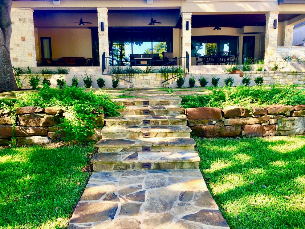 Moss Rock Retaining Wall and Flagstone Steps Rustic Landscape
