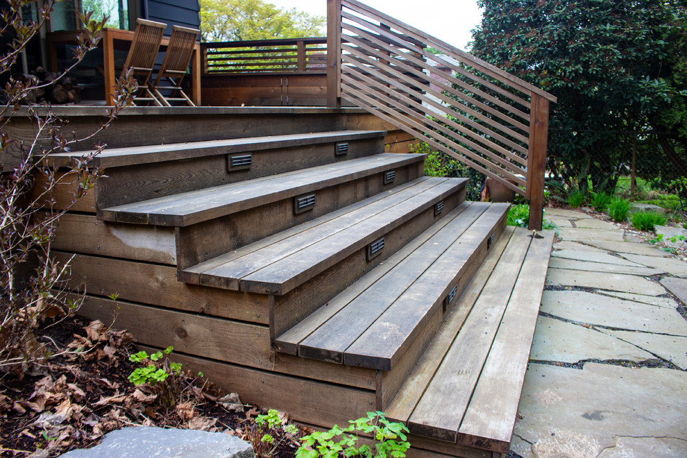 This is an example of a mid-sized modern partial sun backyard landscaping in Portland with decking.