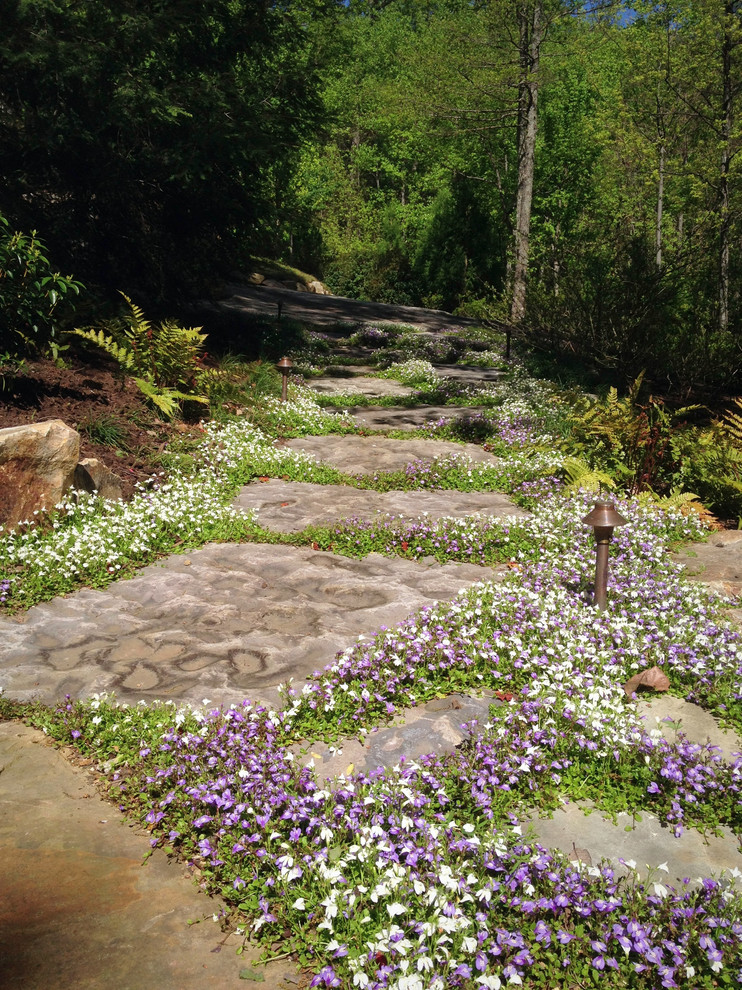 This is an example of a large traditional shade hillside stone garden path in Other.