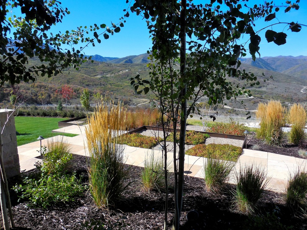 Medium sized contemporary front xeriscape garden in Salt Lake City with natural stone paving and a garden path.