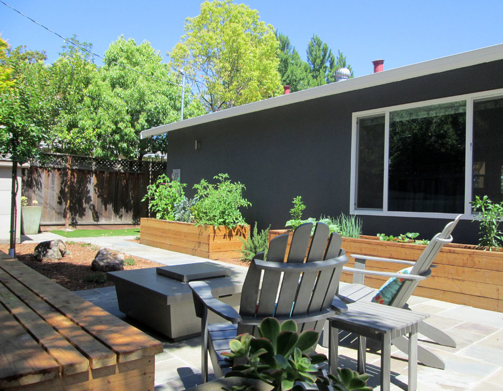 Esempio di un giardino xeriscape minimalista esposto a mezz'ombra di medie dimensioni e dietro casa in estate con un focolare e pavimentazioni in pietra naturale