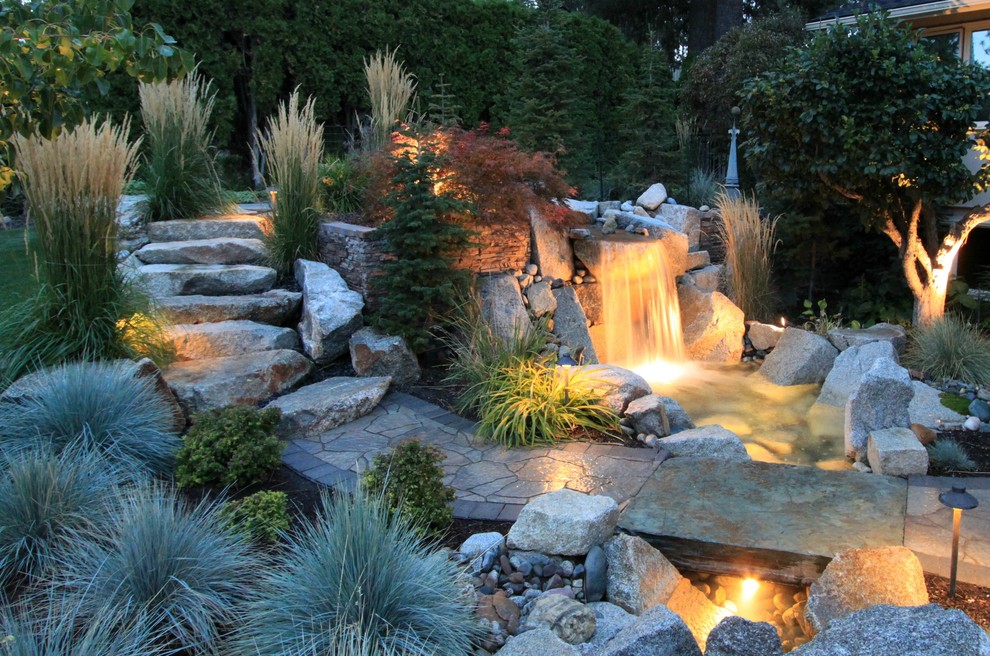 Ispirazione per un giardino minimal dietro casa con una cascata e sassi di fiume