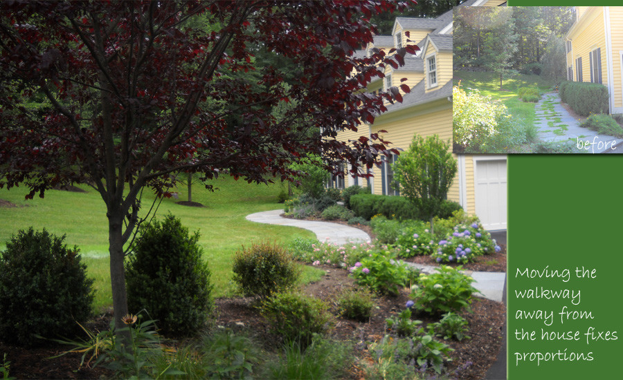This is an example of a traditional partial sun front yard stone landscaping in New York for spring.
