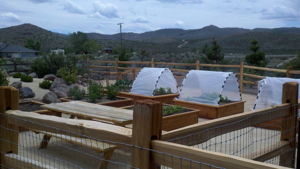 Idées déco pour un jardin potager arrière contemporain l'été avec une exposition ensoleillée et du gravier.