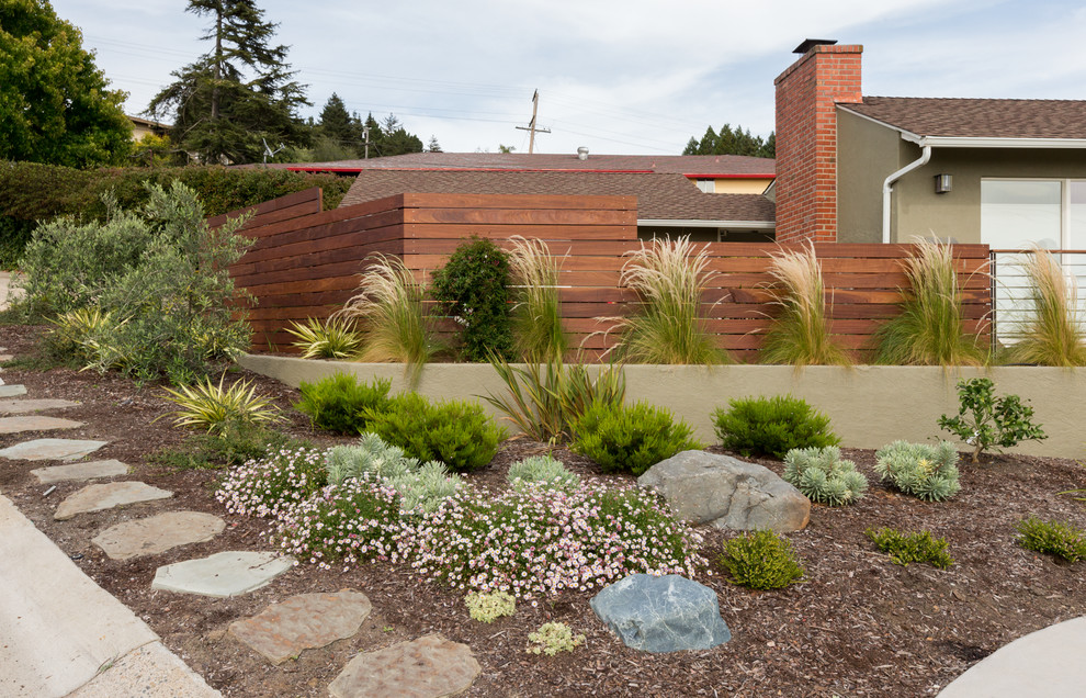Modelo de jardín de secano tradicional renovado grande en patio trasero con exposición total al sol y mantillo