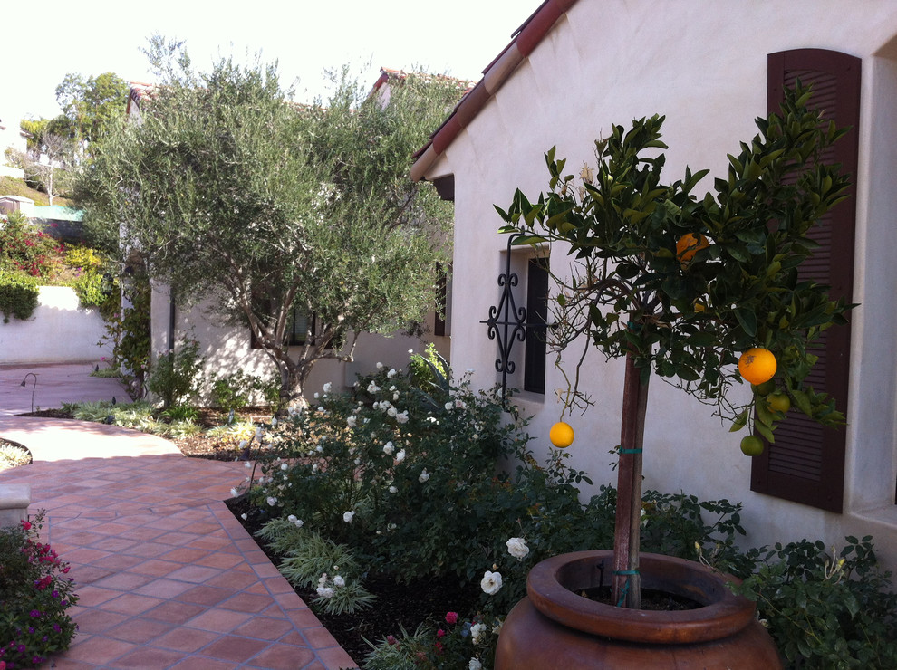 This is an example of a mid-sized mediterranean full sun side yard stone garden path in Orange County.