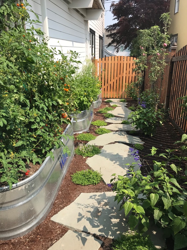 На фото: маленький солнечный участок и сад на заднем дворе в стиле кантри с растениями в контейнерах, хорошей освещенностью и покрытием из каменной брусчатки для на участке и в саду