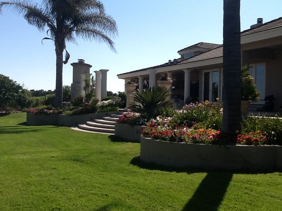 На фото: огромный участок и сад на заднем дворе в средиземноморском стиле с полуденной тенью и мощением тротуарной плиткой