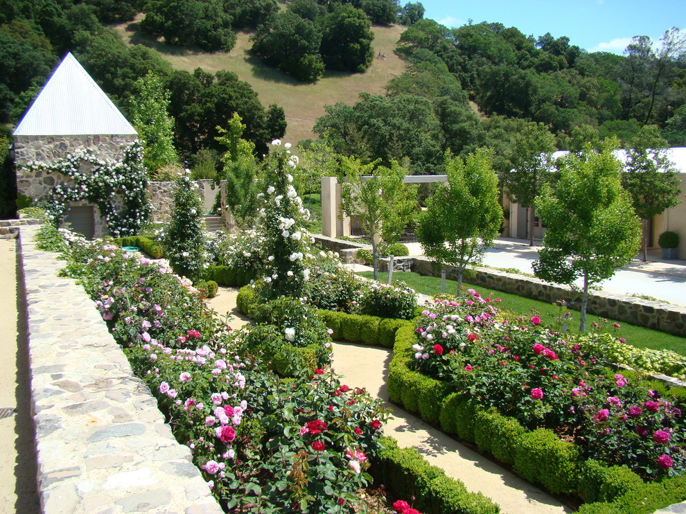 Diseño de jardín mediterráneo de tamaño medio en verano en patio trasero con exposición total al sol y jardín francés