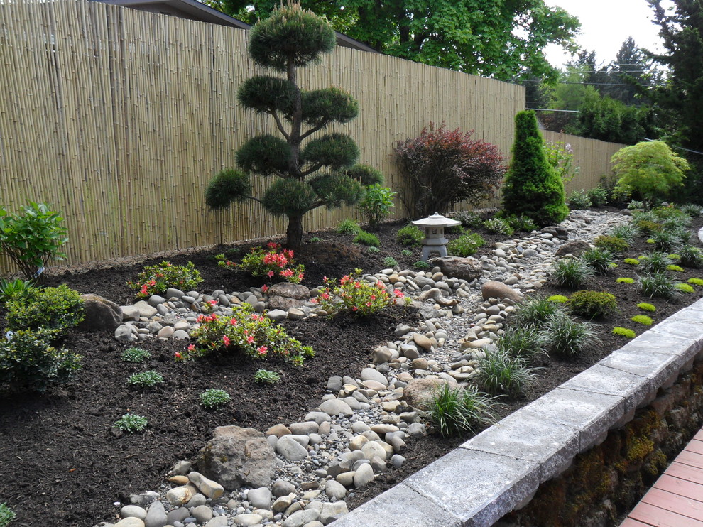 This is an example of a small world-inspired back full sun garden in Portland with natural stone paving.