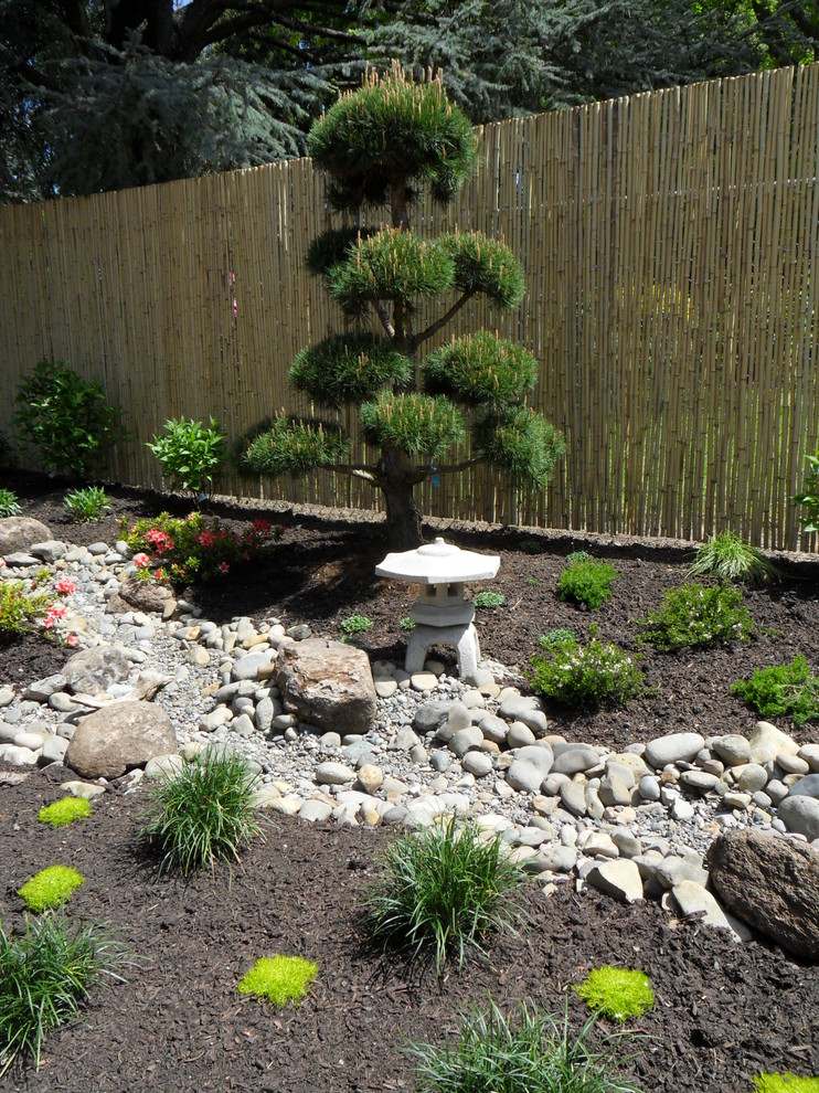 Inspiration for a small world-inspired back full sun garden in Portland with natural stone paving.