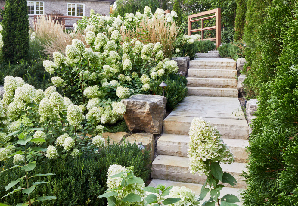 Immagine di un ampio giardino formale classico esposto a mezz'ombra dietro casa in estate con un ingresso o sentiero e pavimentazioni in pietra naturale