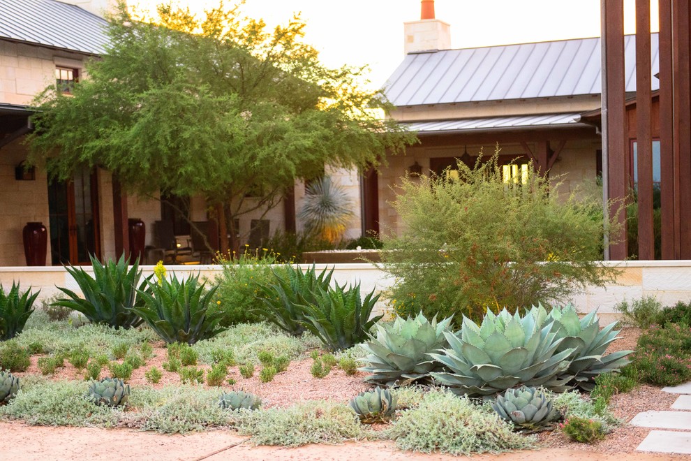 Immagine di un grande giardino xeriscape minimalista esposto in pieno sole davanti casa con pavimentazioni in pietra naturale e un ingresso o sentiero