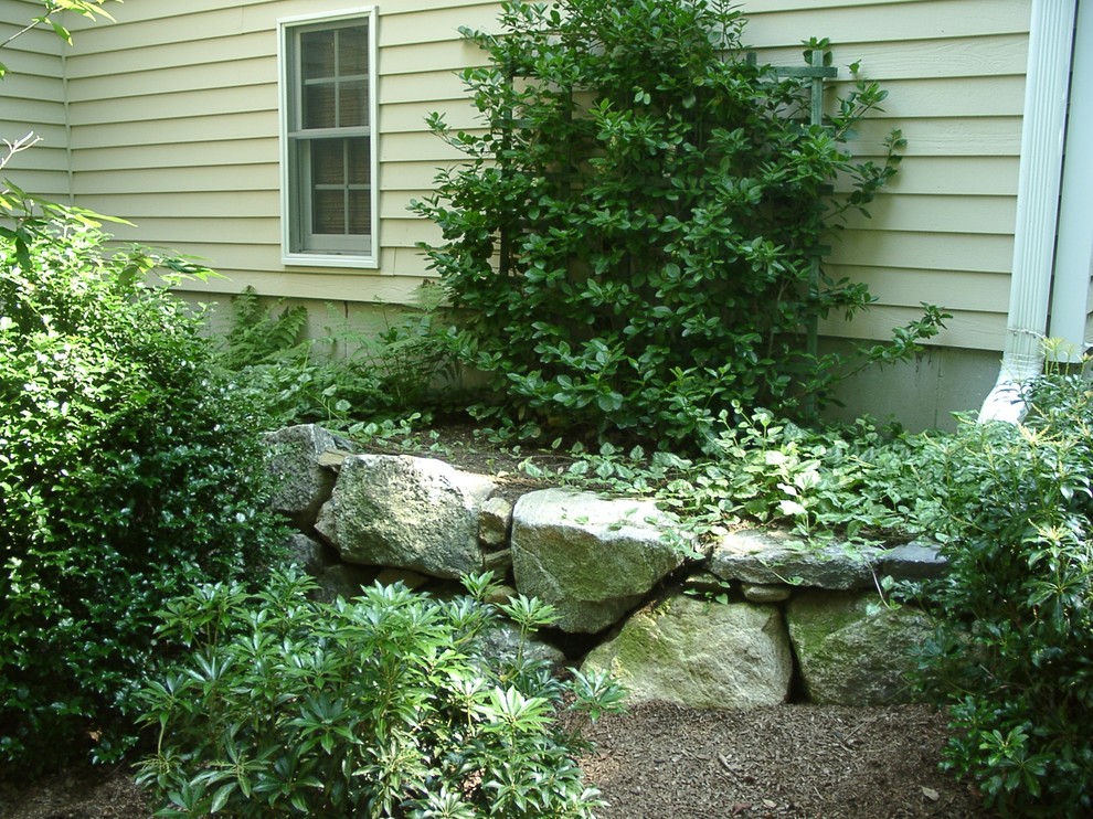 Aménagement d'un jardin arrière classique l'été avec un mur de soutènement, une exposition ombragée et des pavés en pierre naturelle.