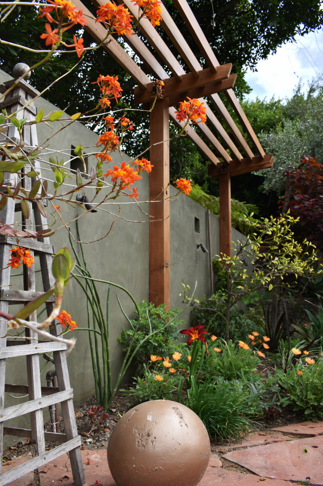Свежая идея для дизайна: солнечный, летний засухоустойчивый сад среднего размера на заднем дворе в стиле фьюжн с хорошей освещенностью и покрытием из каменной брусчатки - отличное фото интерьера