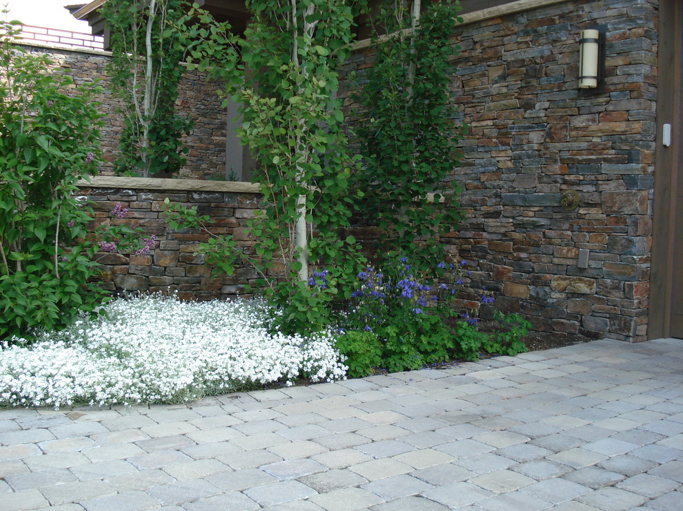 Idee per un piccolo giardino formale chic esposto in pieno sole dietro casa in primavera con un focolare e pavimentazioni in pietra naturale