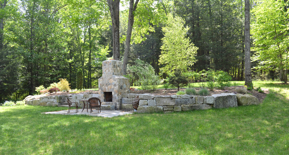 Cette image montre un jardin arrière chalet avec une cheminée et des pavés en pierre naturelle.