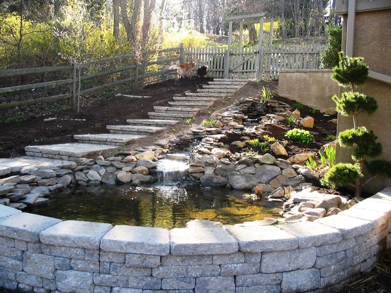 Natural Stone Pond Custom EP Henry Retaining Wall and Steps Traditional Landscape
