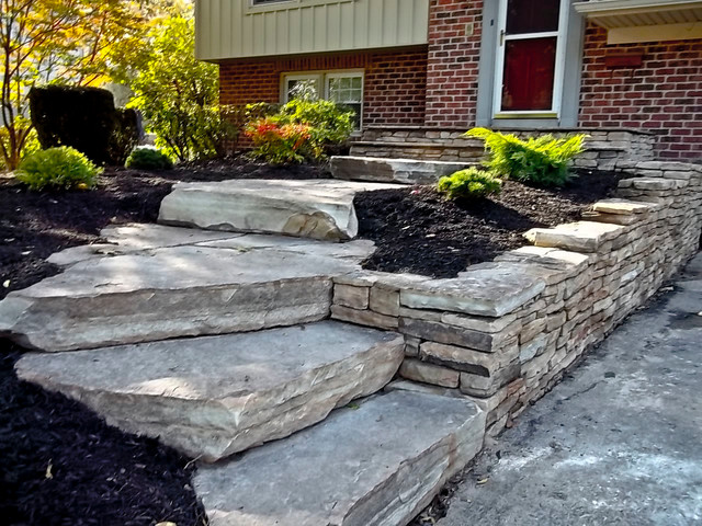 Natural Stone Slab Staircase And Stacked Stone Wall Rustic Garden Philadelphia By Lentzcaping Inc Houzz Ie