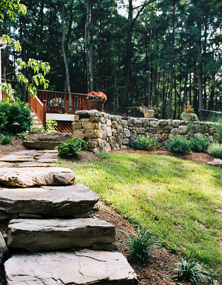 Inspiration for a traditional partial sun backyard retaining wall landscape in New York for summer.