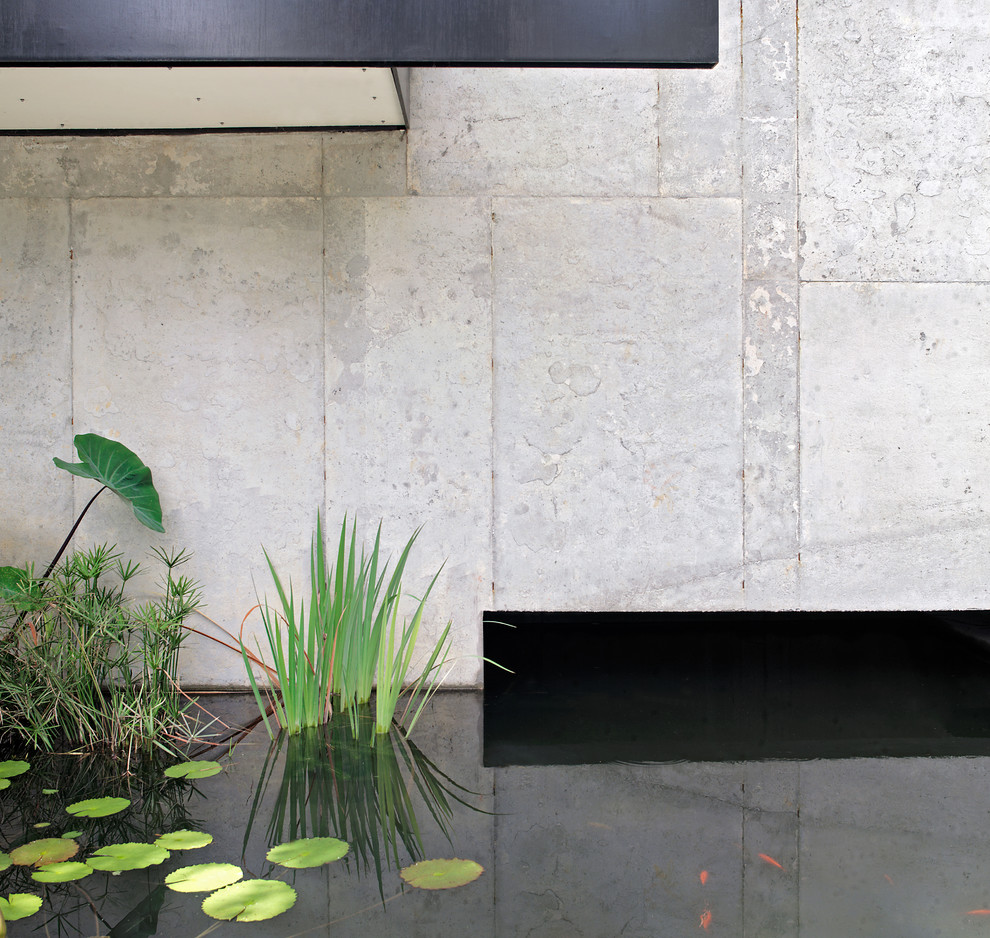 Ispirazione per un giardino moderno esposto a mezz'ombra di medie dimensioni e dietro casa con fontane e sassi di fiume