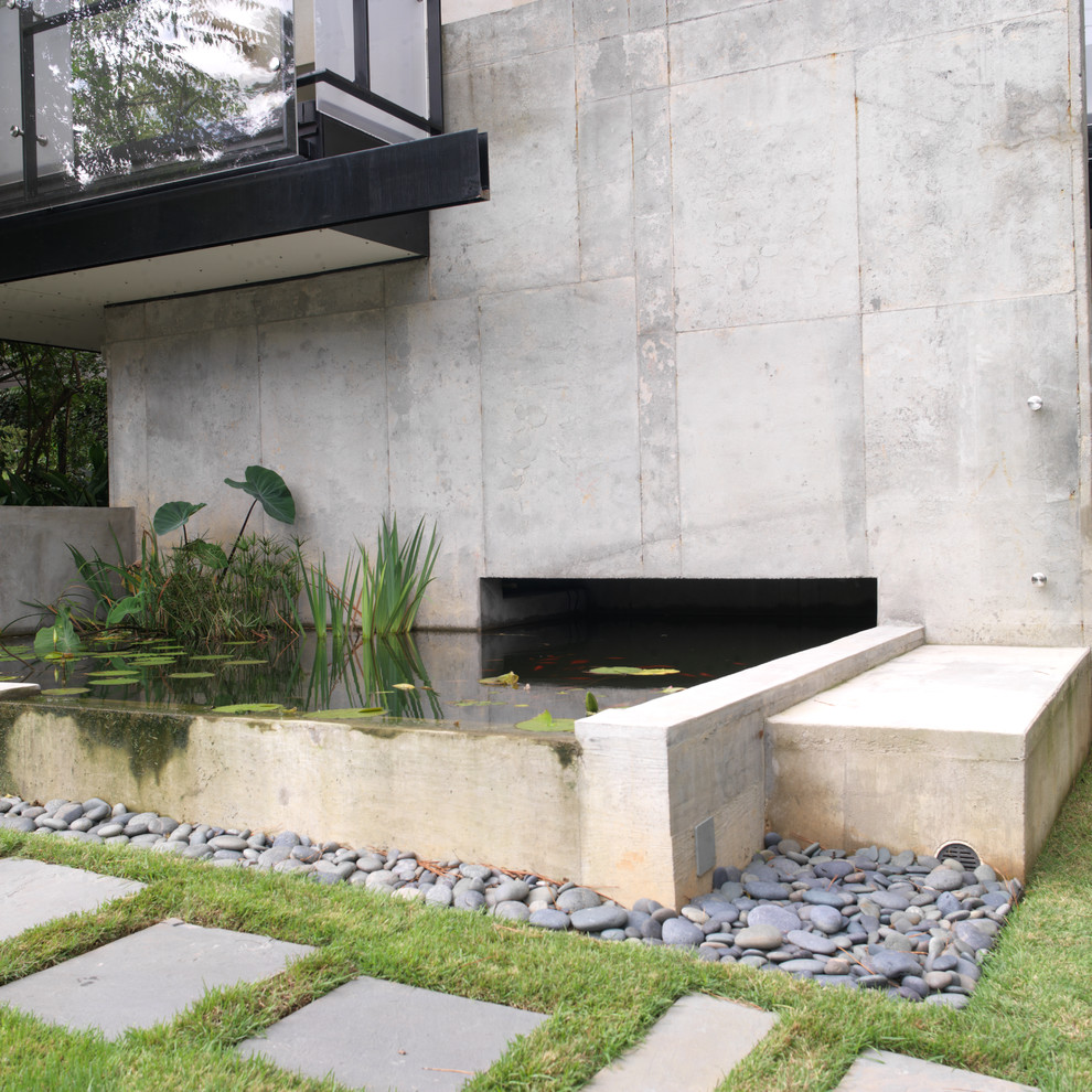 Modelo de jardín contemporáneo de tamaño medio en patio trasero con fuente, exposición total al sol, piedra decorativa y con piedra