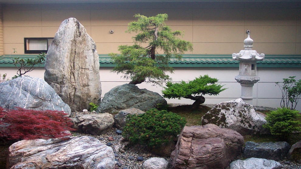 Пример оригинального дизайна: засухоустойчивый сад среднего размера на боковом дворе с покрытием из гравия