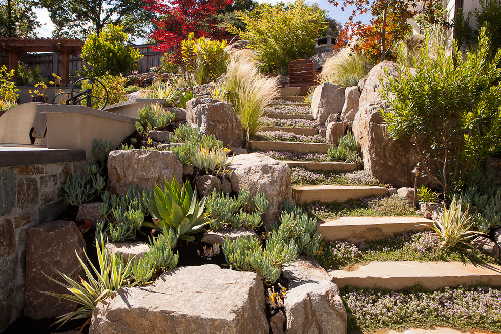 Ispirazione per un grande giardino classico esposto in pieno sole dietro casa in primavera con un ingresso o sentiero e pavimentazioni in pietra naturale