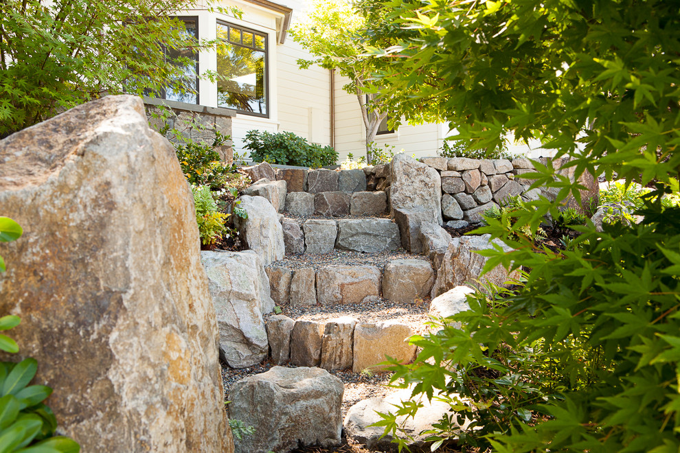 Inspiration for a small traditional partial sun hillside gravel retaining wall landscape in San Francisco for summer.
