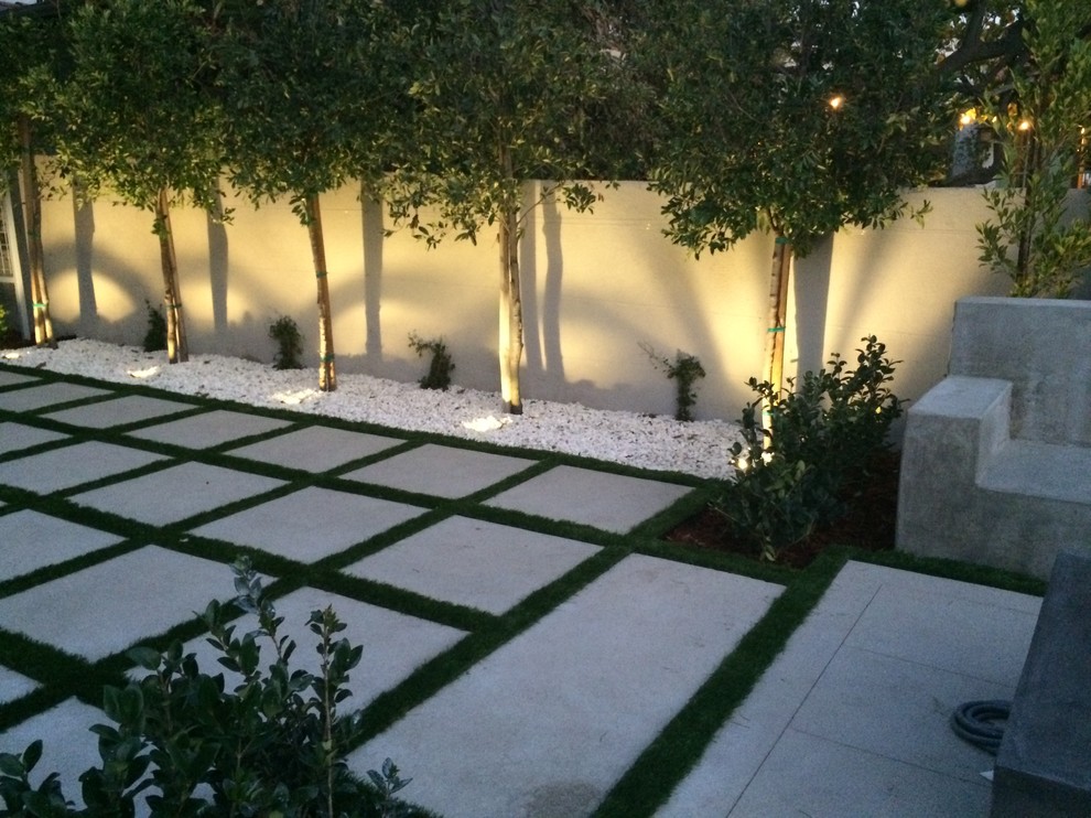 Aménagement d'un aménagement d'entrée ou allée de jardin arrière contemporain de taille moyenne avec des pavés en béton.