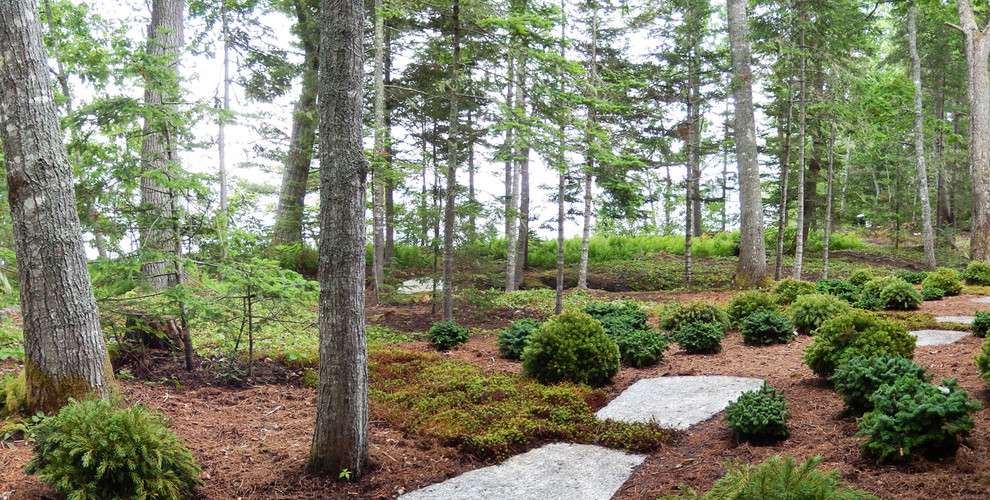 Photo of a medium sized contemporary back fully shaded garden in Portland Maine with natural stone paving.