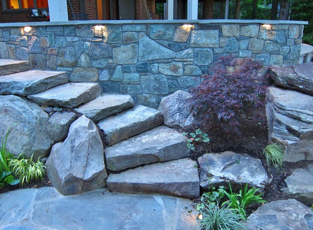 Night View Of Stone Slab Steps Fitted Into Curving Wall Rustic Garden Dc Metro By The Art Of Landscape Houzz