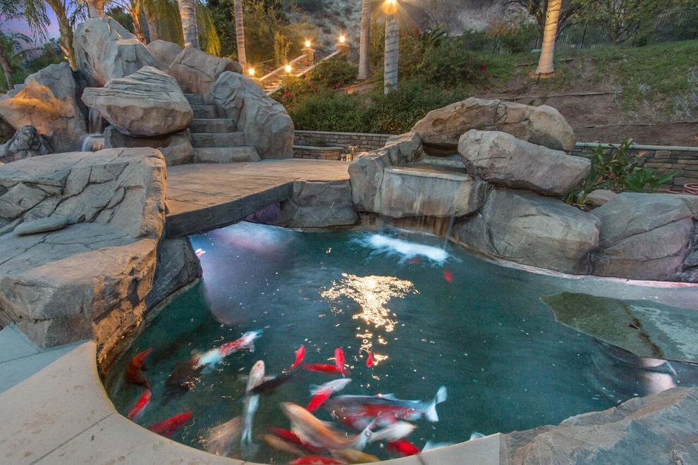 Photo of a large world-inspired back garden in Orange County with a water feature and concrete paving.