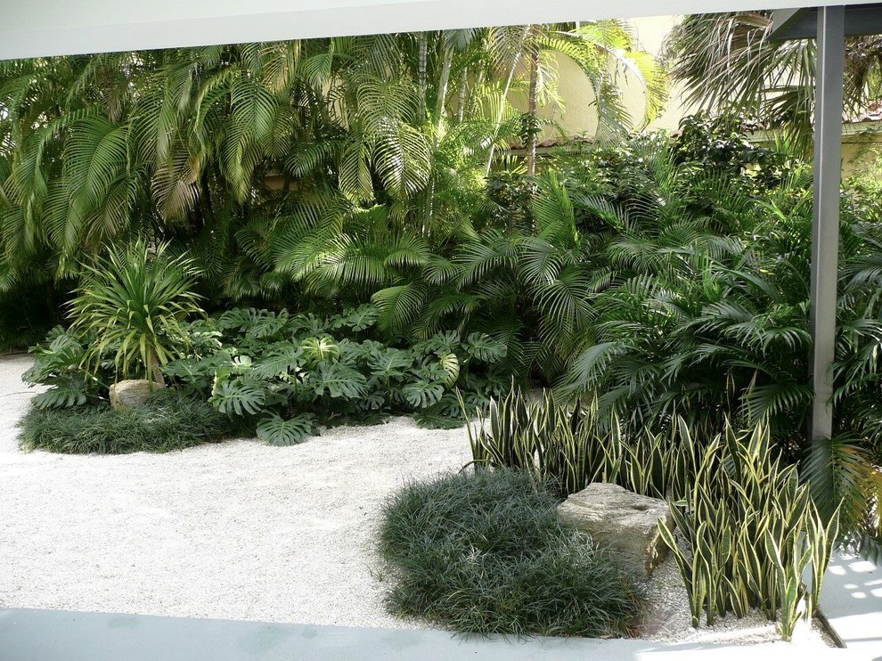 Стильный дизайн: участок и сад среднего размера на заднем дворе в стиле неоклассика (современная классика) с покрытием из гравия - последний тренд