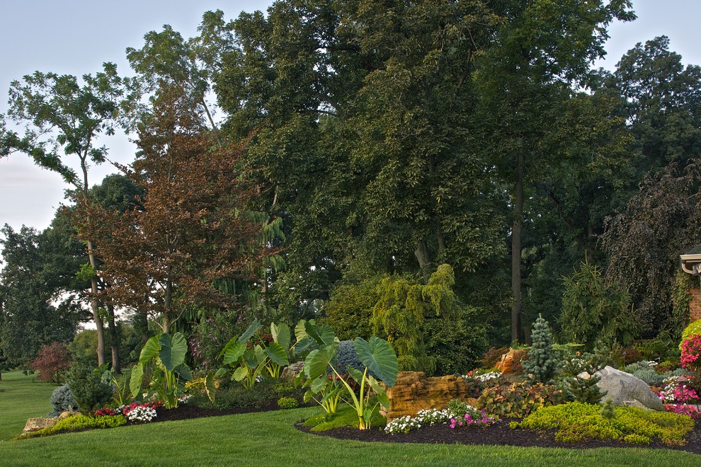 Imagen de jardín contemporáneo extra grande en verano en patio lateral con exposición parcial al sol