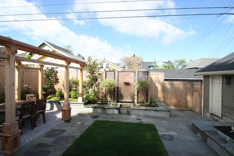Immagine di un giardino stile americano esposto in pieno sole di medie dimensioni e dietro casa con un muro di contenimento e pavimentazioni in pietra naturale