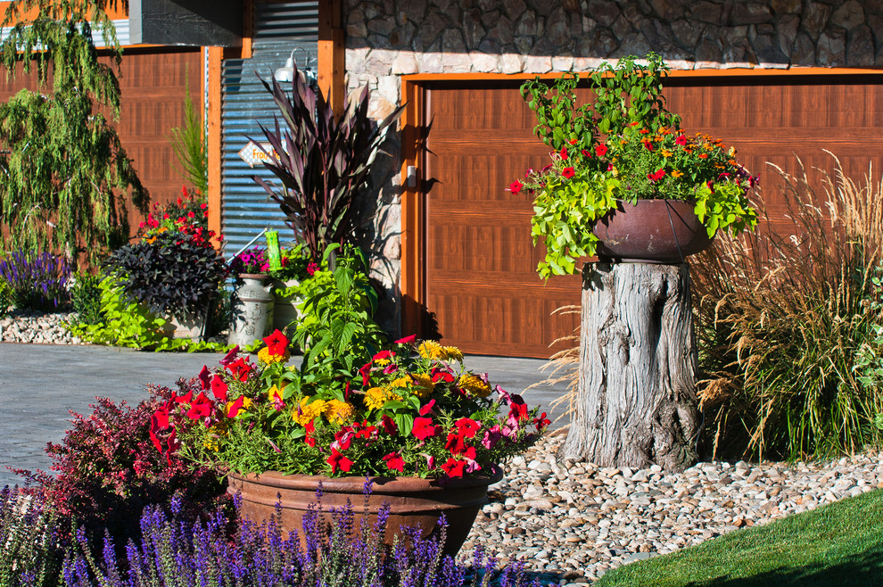 Eklektischer Vorgarten mit Auffahrt, Kübelpflanzen und Betonboden in Boise