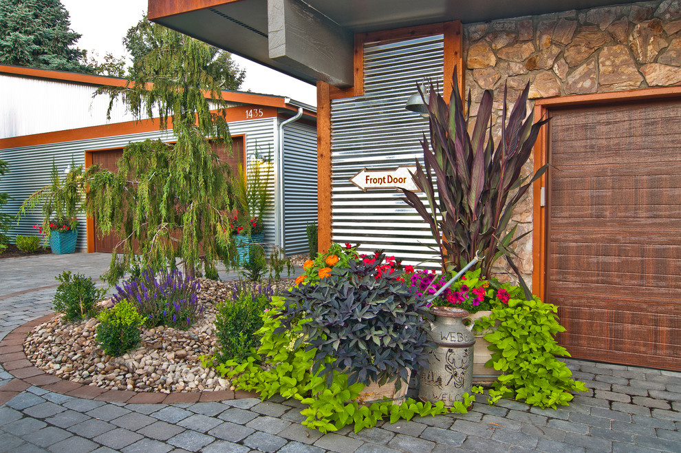 Esempio di un vialetto d'ingresso bohémian davanti casa con un giardino in vaso e pavimentazioni in cemento