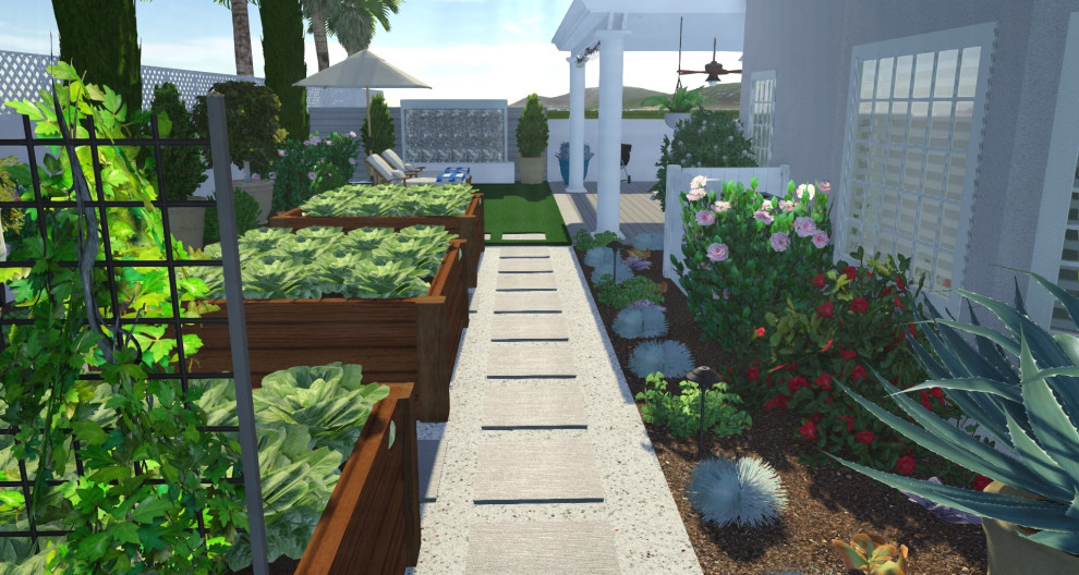 Réalisation d'un jardin arrière de taille moyenne avec une exposition partiellement ombragée et des pavés en béton.