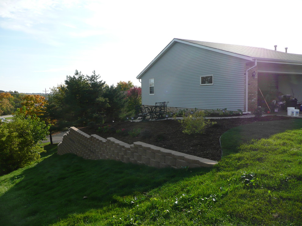 Foto di un giardino minimal esposto a mezz'ombra di medie dimensioni e dietro casa con un muro di contenimento e pavimentazioni in pietra naturale