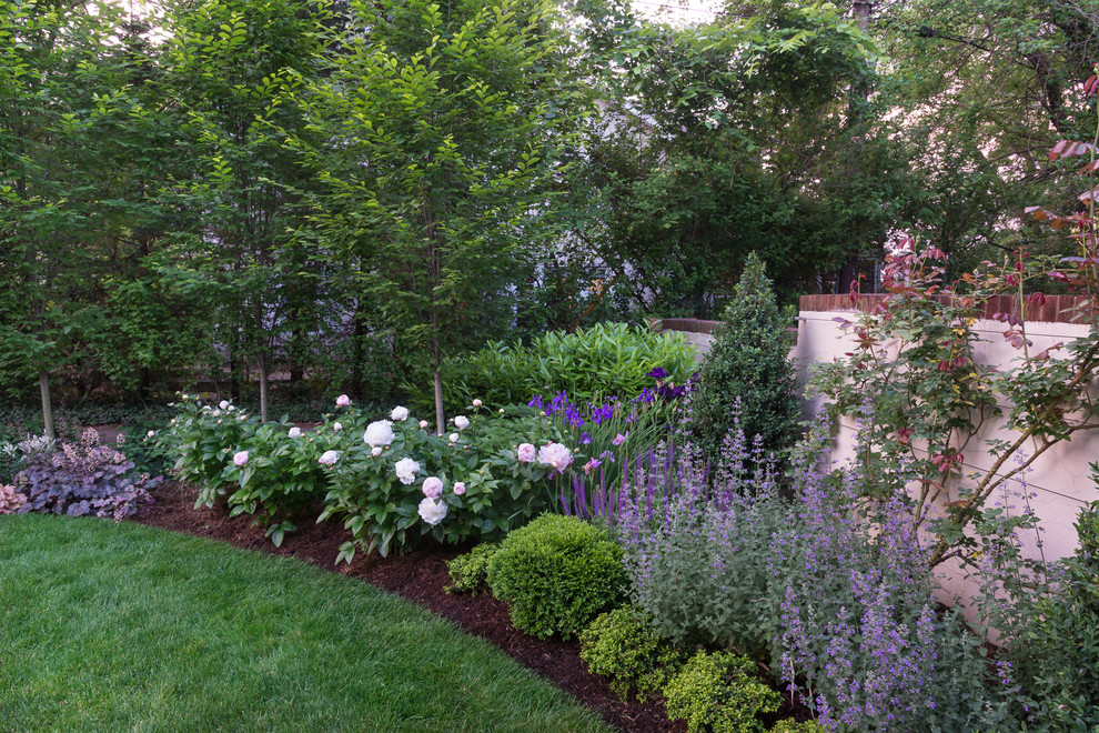 Mittelgroßer, Geometrischer Klassischer Garten hinter dem Haus, im Sommer mit direkter Sonneneinstrahlung und Natursteinplatten in Washington, D.C.