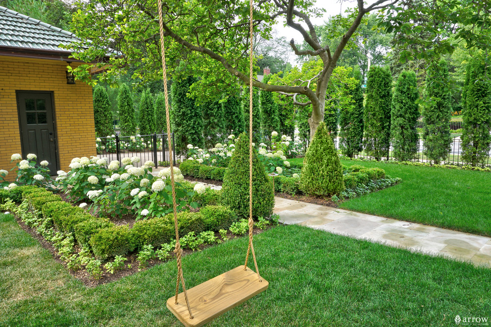 Aménagement d'un petit jardin arrière victorien l'été avec une exposition partiellement ombragée et des pavés en pierre naturelle.