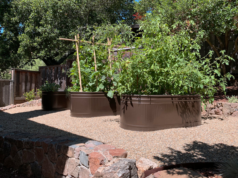 Modelo de jardín de secano mediterráneo extra grande en verano en patio trasero con exposición total al sol, adoquines de piedra natural y huerto