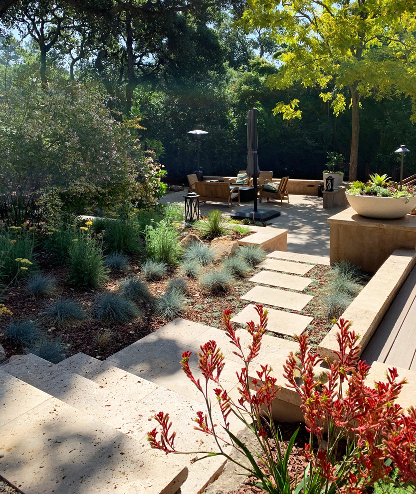 Immagine di un ampio giardino xeriscape mediterraneo esposto in pieno sole dietro casa in estate con un muro di contenimento e pavimentazioni in pietra naturale