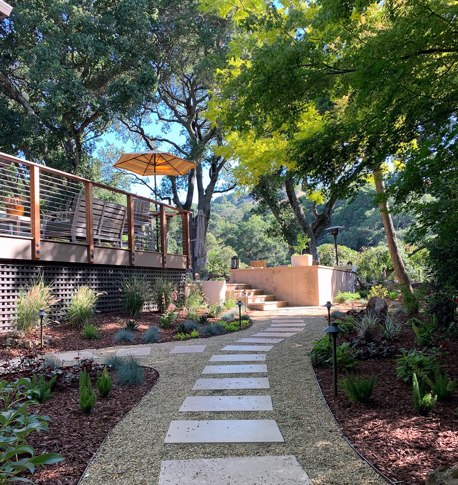 Foto di un ampio giardino xeriscape mediterraneo esposto a mezz'ombra dietro casa in estate con un ingresso o sentiero e pavimentazioni in pietra naturale