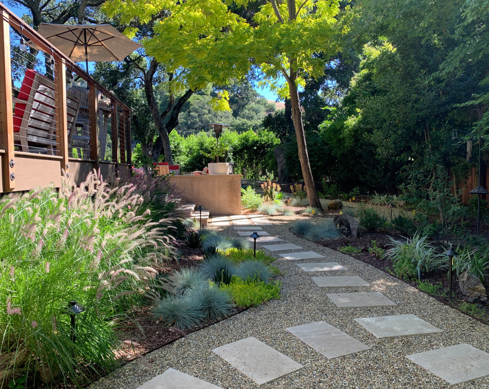 Immagine di un ampio giardino xeriscape mediterraneo esposto in pieno sole dietro casa in estate con un muro di contenimento e pavimentazioni in pietra naturale